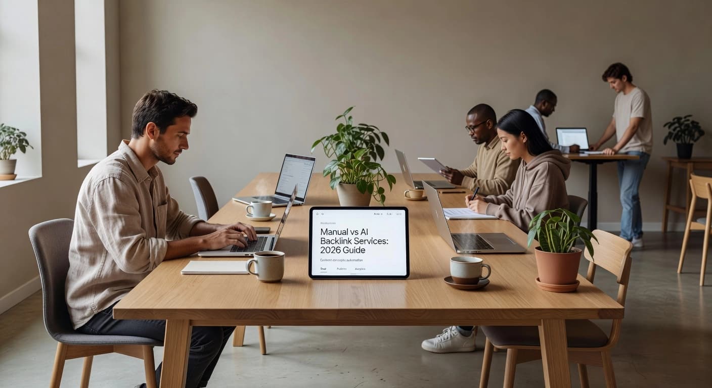 Professional header image for comparison analysis: Manual vs AI Backlink Services: 2026 Guide