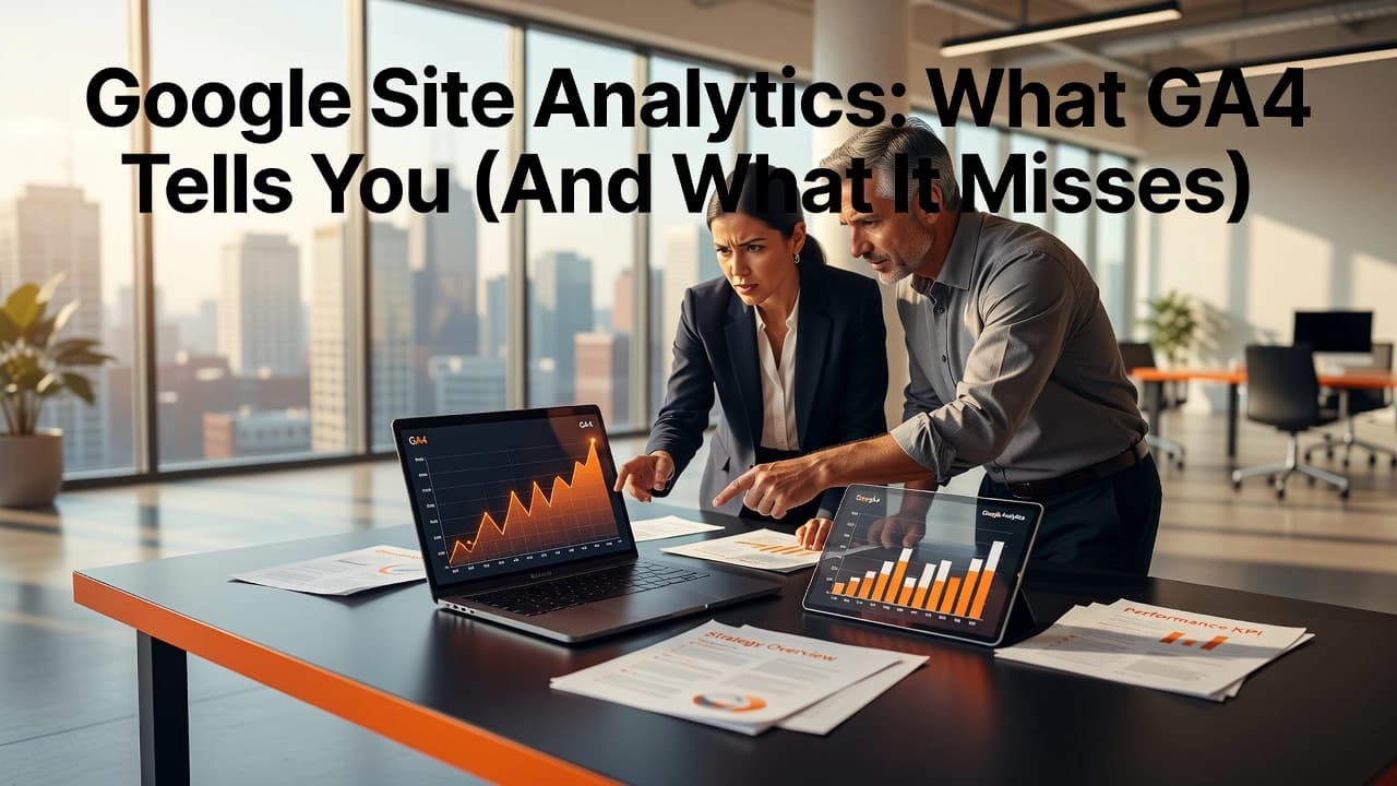 Professional header image for educational tutorial: Google Site Analytics: What GA4 Tells You (And What It Mi...