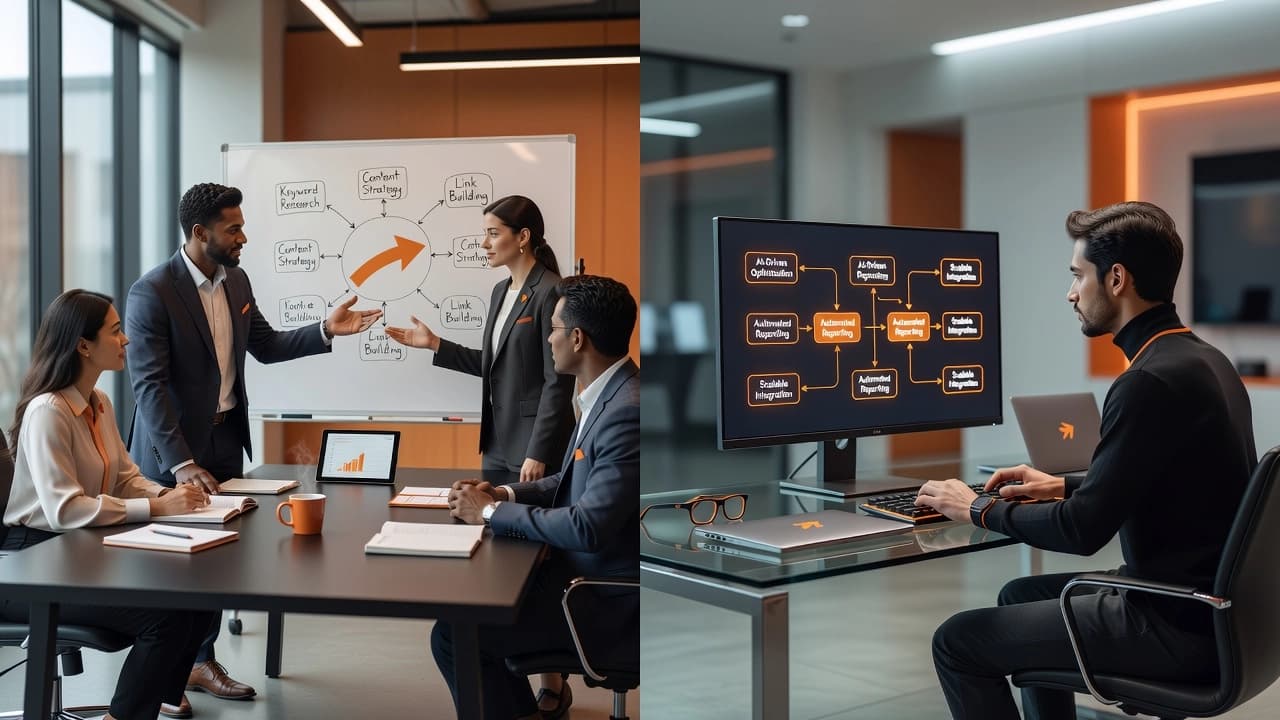 Professional header image for comparison analysis: Ecommerce SEO Services: Agency vs. Automated Platform