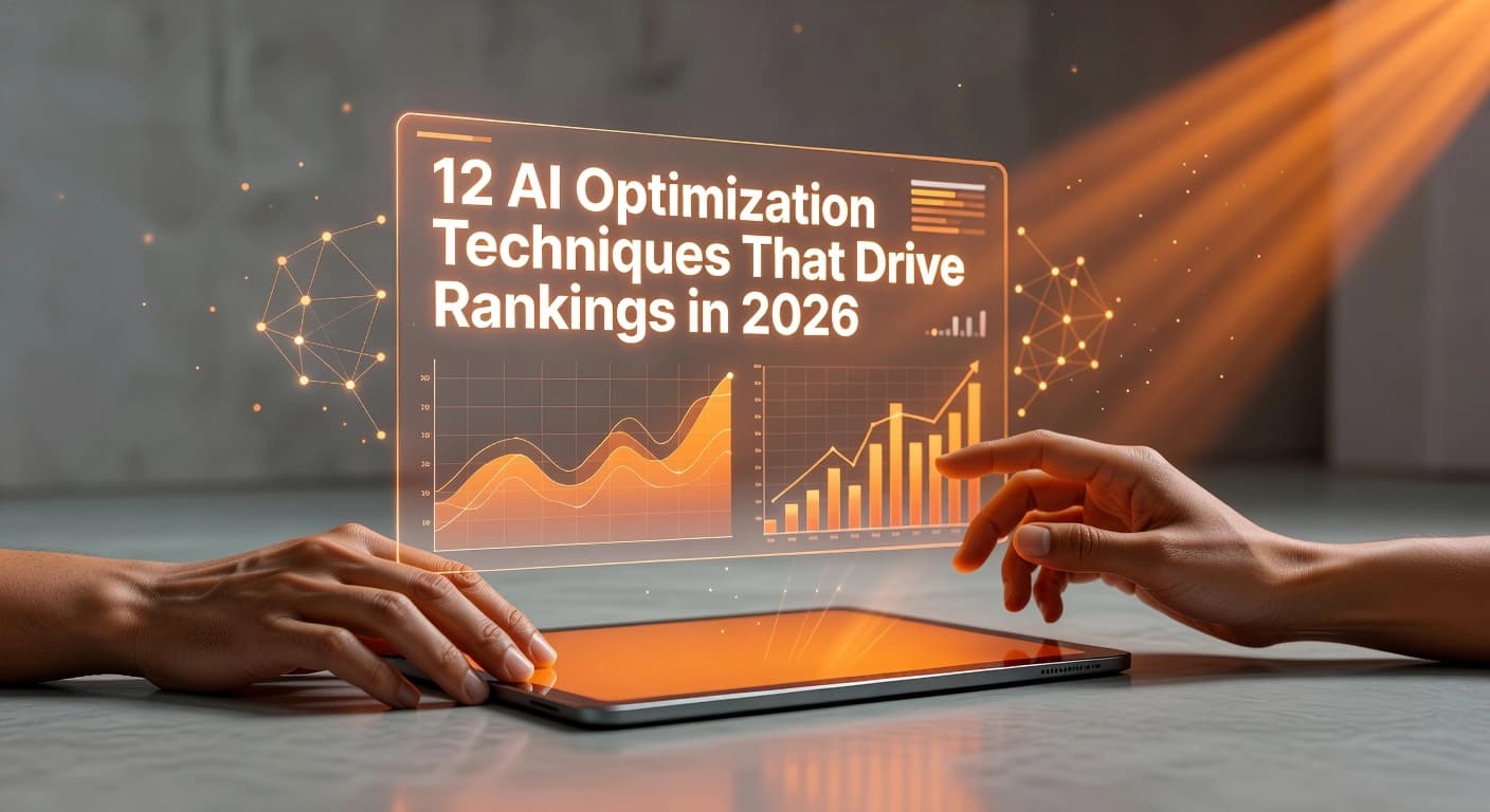 Professional header image for list-based article: 12 AI Optimization Techniques That Drive Rankings in 2026