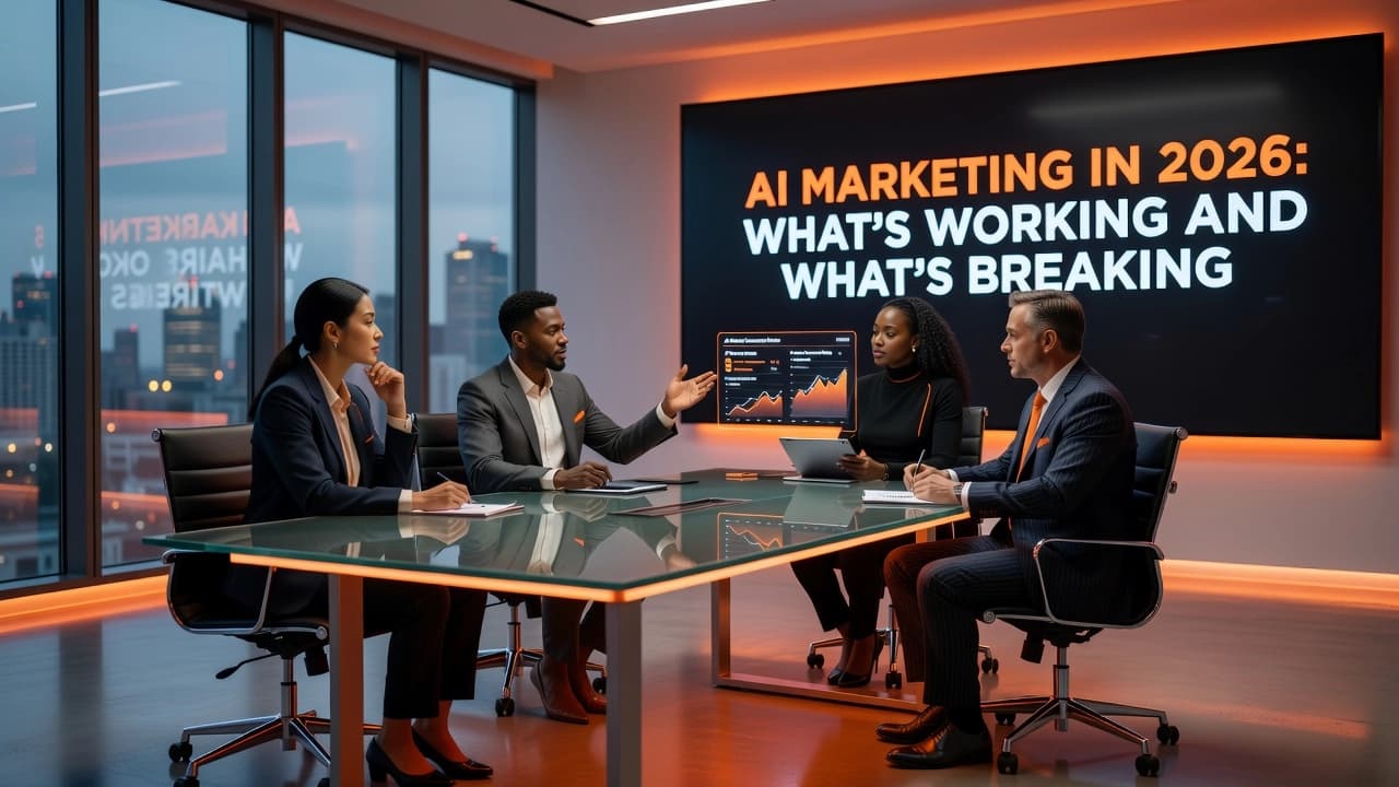Professional header image for industry analysis: AI Marketing in 2026: What's Working and What's Breaking