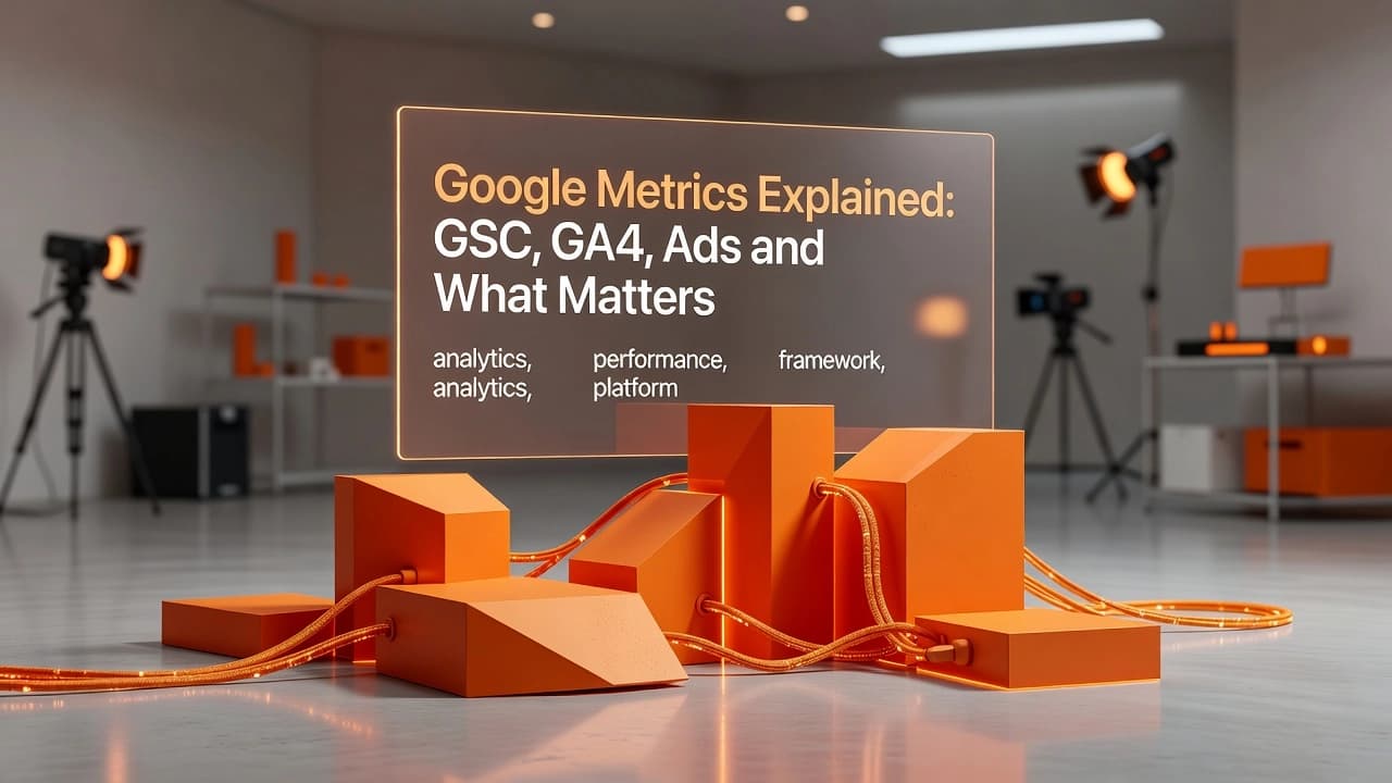 Professional header image for educational tutorial: Google Metrics Explained: GSC, GA4, Ads and What Matters