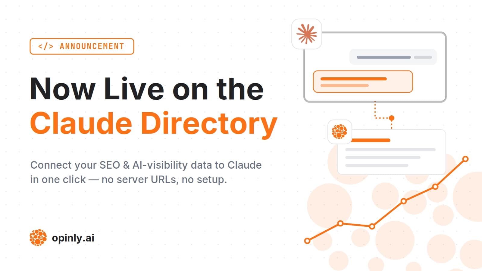 Opinly is now live on the Claude connector directory — illustration of a Claude chat card connected to an Opinly data card with a rising traffic chart